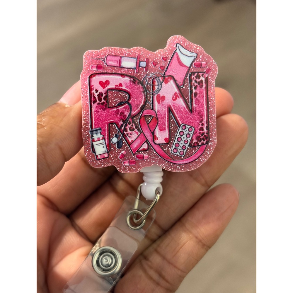 Pink RN Registered Nurse Retractable Badge Reel Glitter Acrylic ID Holder Clip